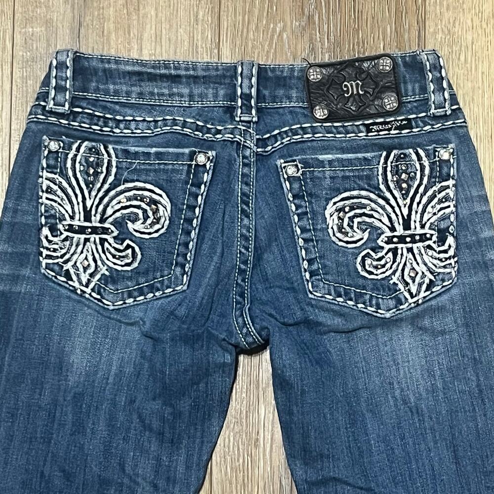 Miss Me Skinny Jeans Fleur De Lis Rhinestone Y2K Women 27x31 Bling Cowgirl Biker - Picture 4 of 9